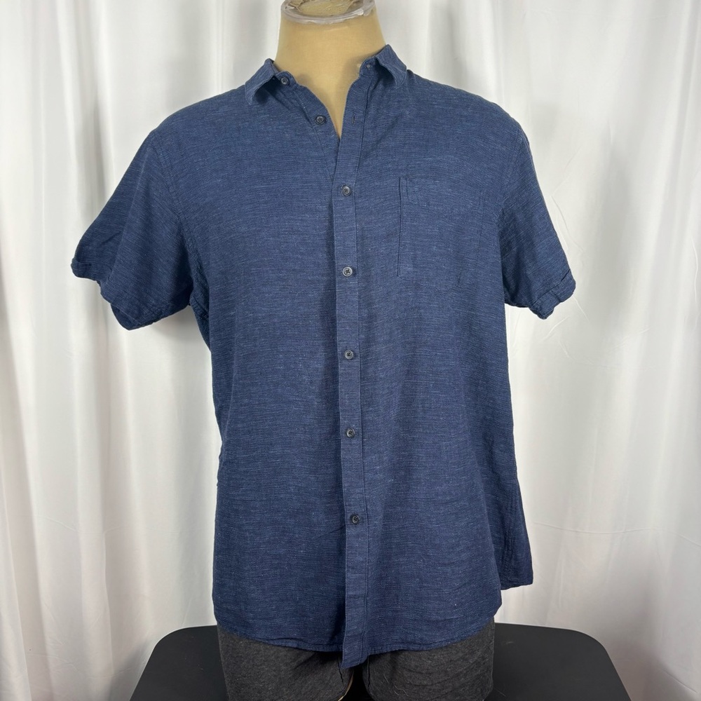 Marc Anthony Short Sleeve Linen Blend Button-Down Shirt in Navy Heather